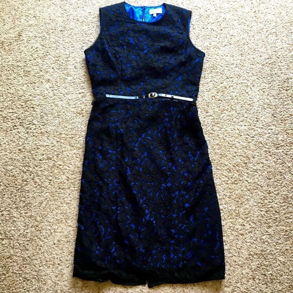 Milly Black Blue Floral Lace Belted Sheath Dress